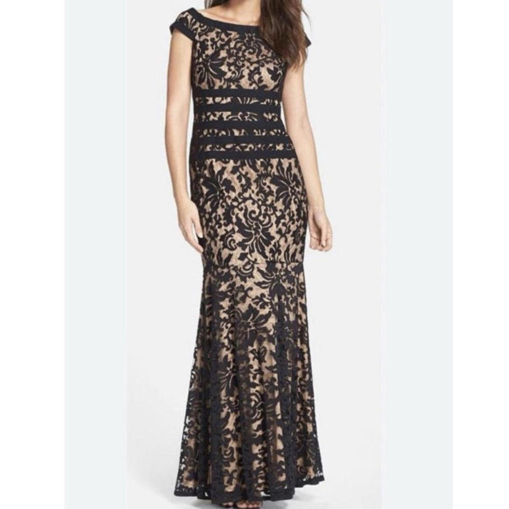 TADASHI SHOJI black and cream lace off the shoulder maxi formal dress sz 4